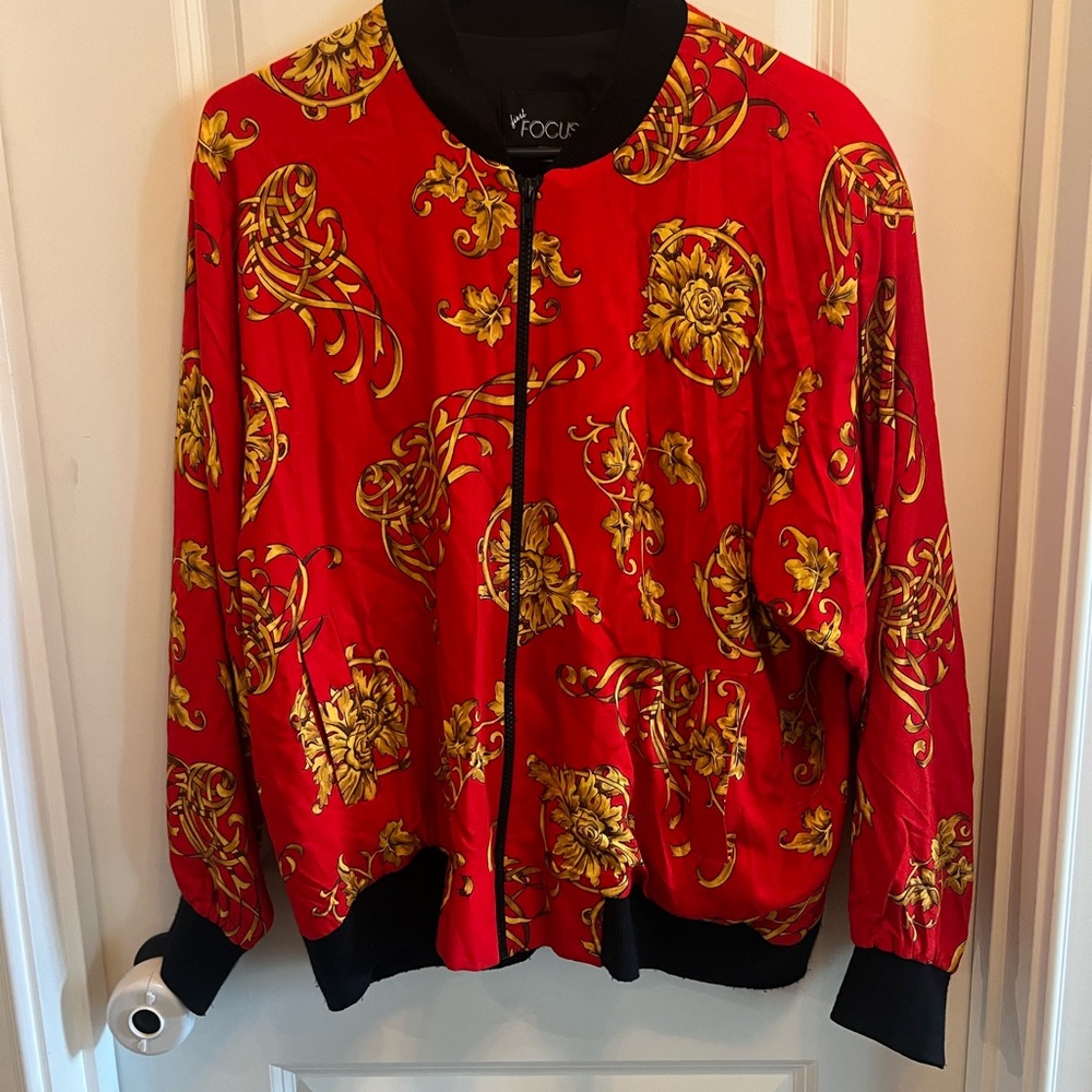 90s First Focus red and gold print Bomber Jacket 9/10 Rayon